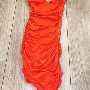 Superdown Orange Strapless Ruched Bodycon Dress